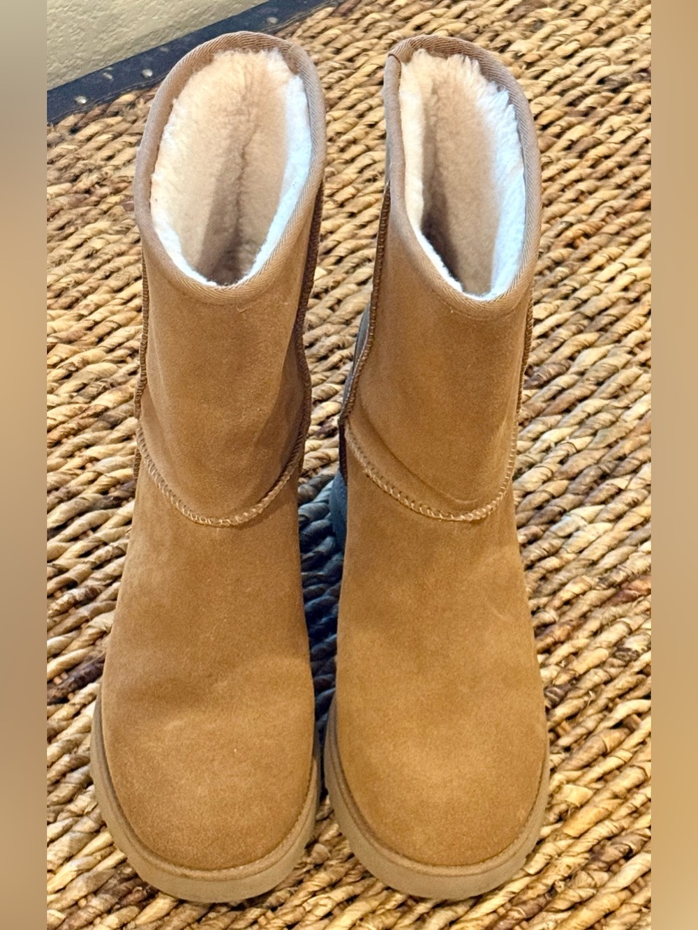 UGG Chestnut Suede Shearling-Lined Short Boots With Built In Wedge Heel